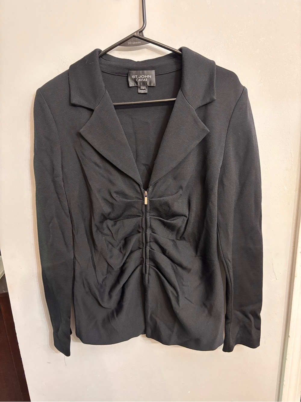 St. John Caviar Black Knit Ruched Zip Front Blazer Jacket Size 8